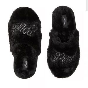 PINK by Victoria’s Secret Plush Black Slippers with Rhinestone Detail